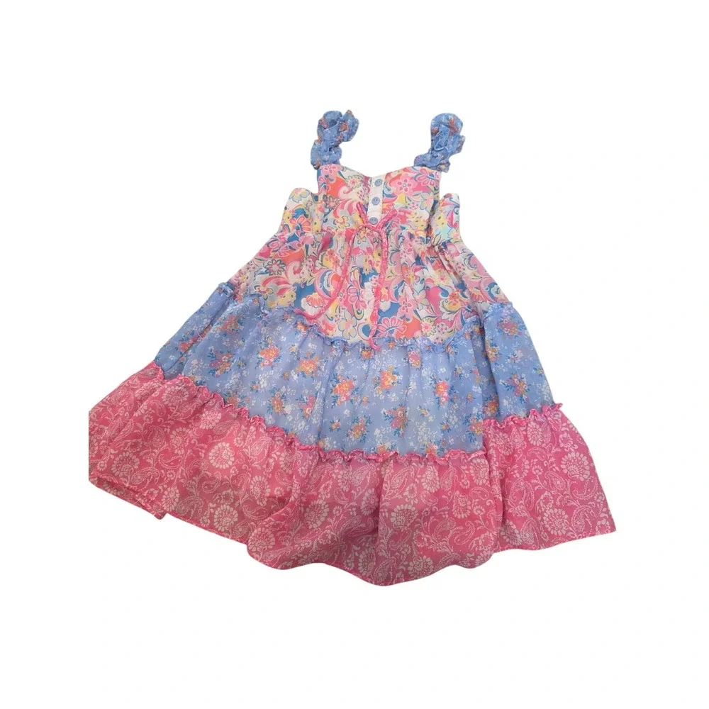 Jona Michelle Girls Tiered Floral Paisley Ruffle Dress Pink‎ Blue Size 7